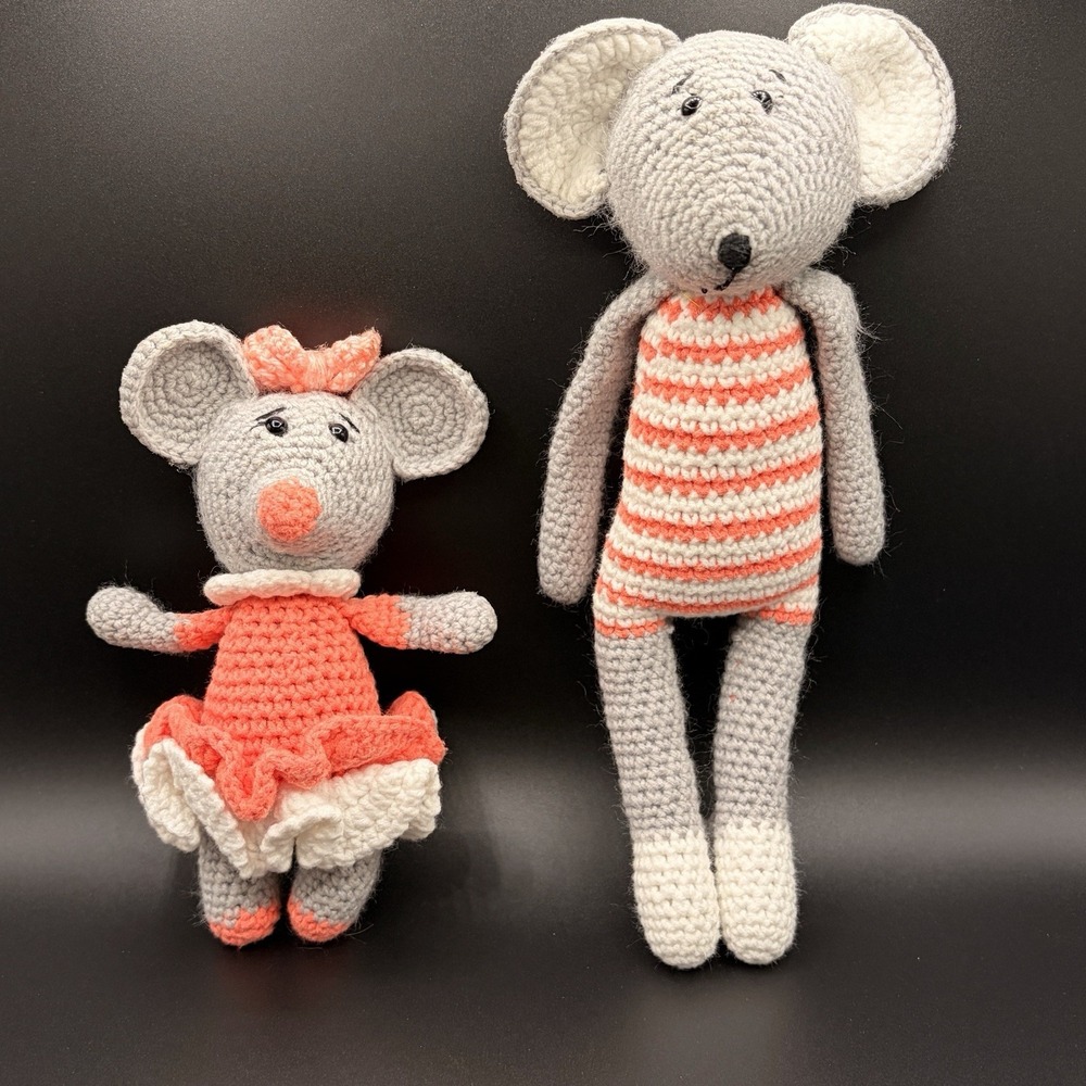 Handmade Crochet Mouse Plush Pair Stuffed Animal Doll Boy Girl Amigurumi